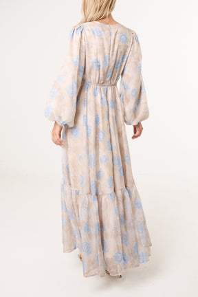 Blue Rose Print Tiered Maxi Dress