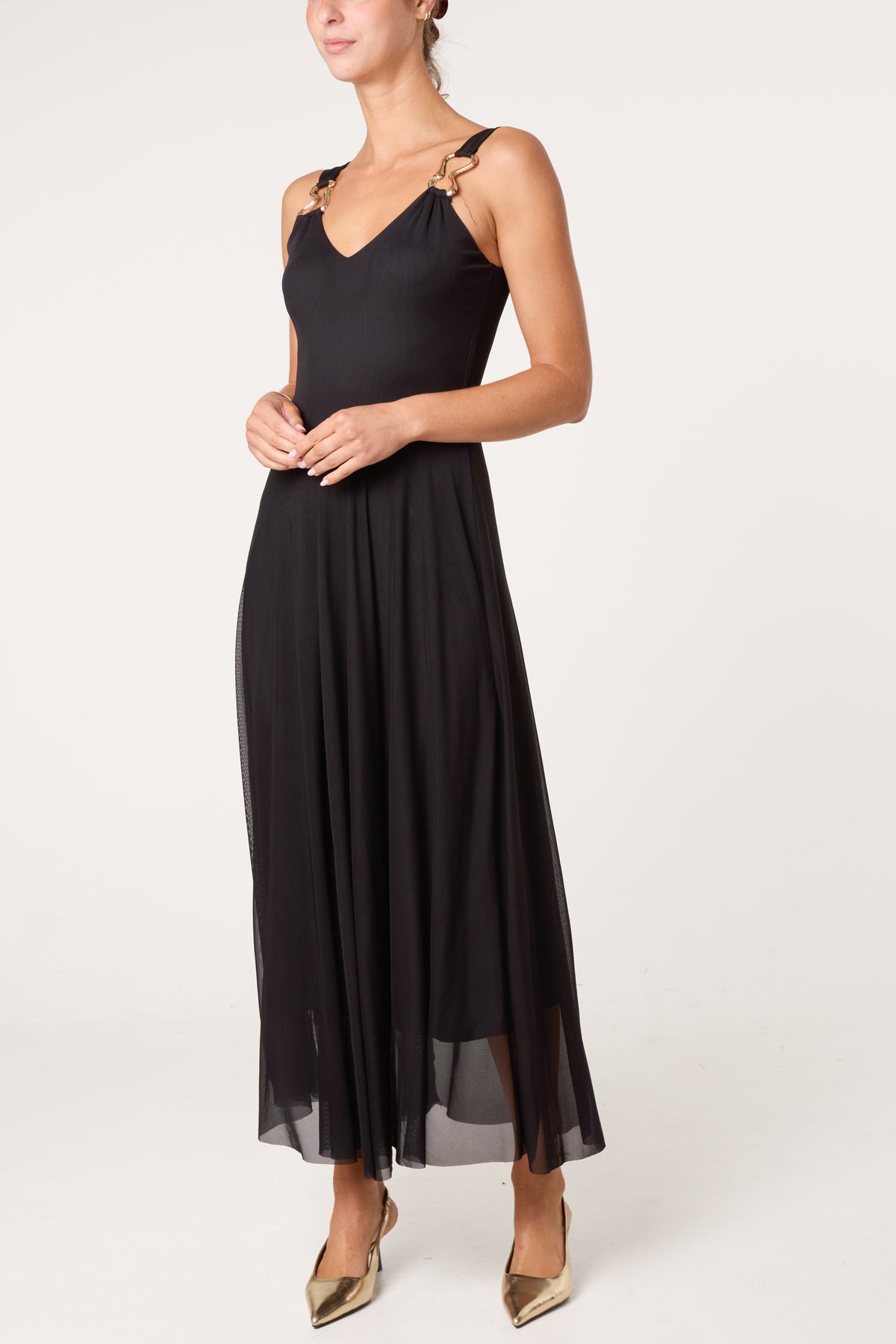 Gold Buckle Detail Maxi Evening Dress