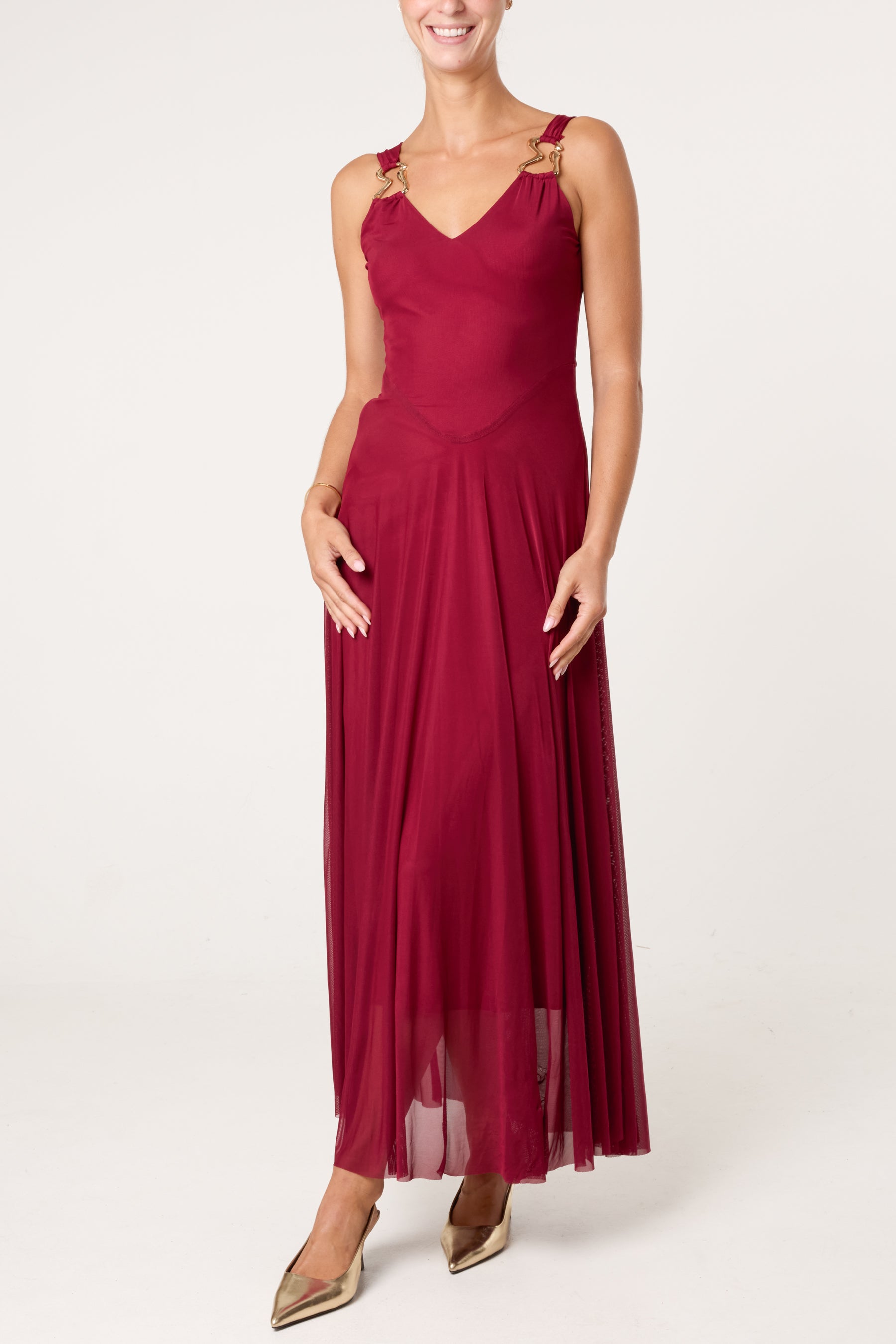 Gold Buckle Detail Maxi Evening Dress