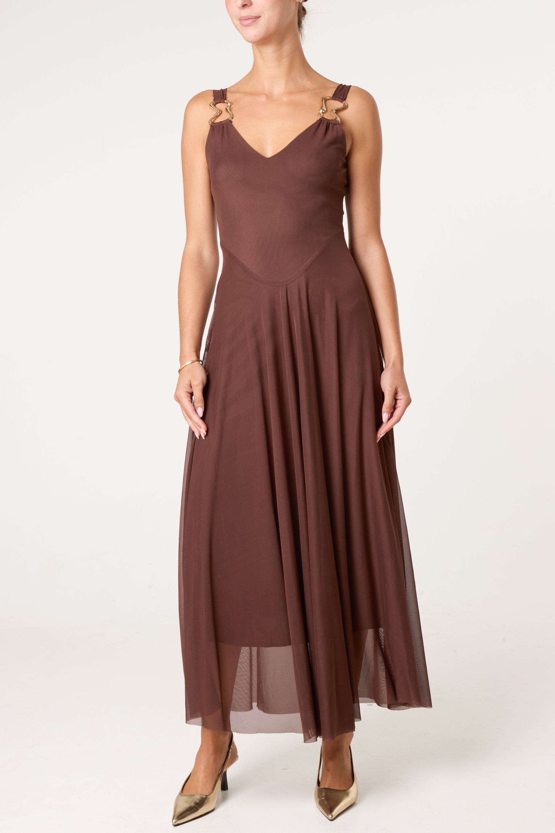 Gold Buckle Detail Maxi Evening Dress