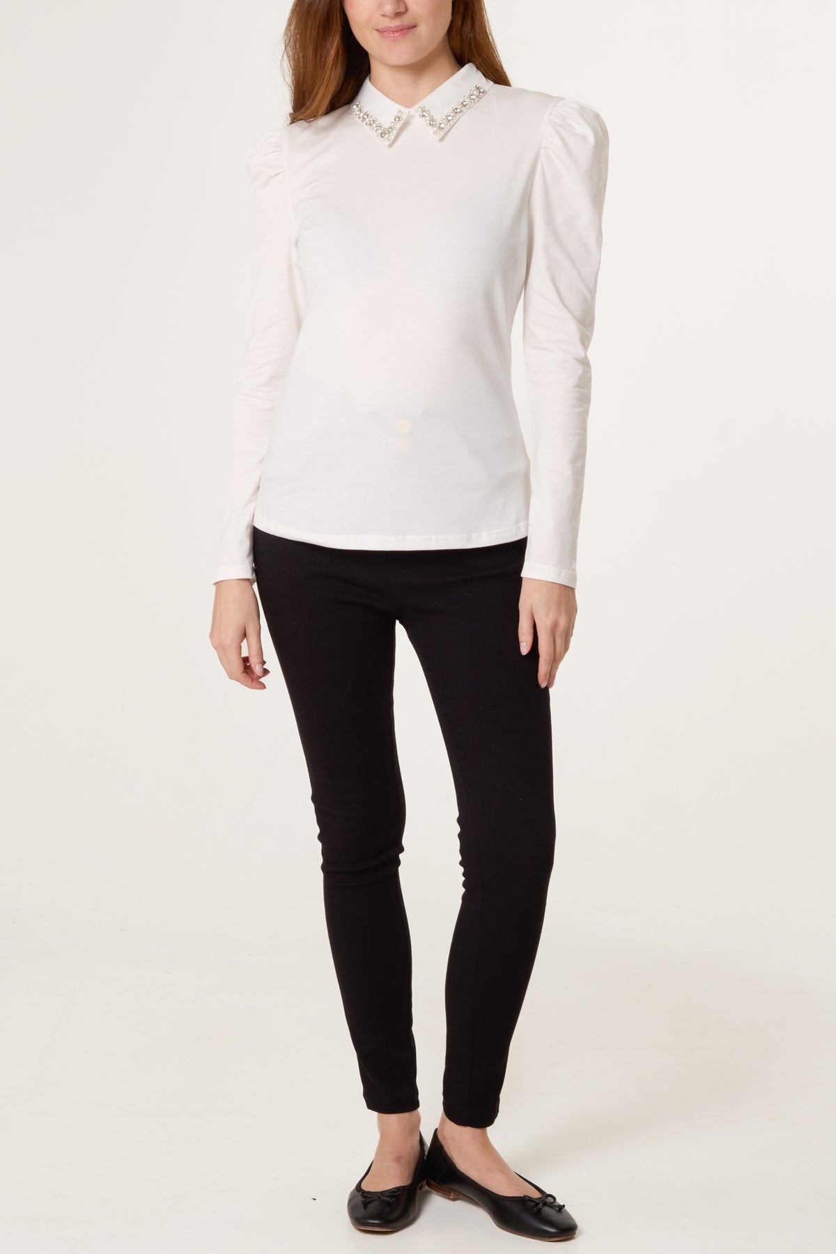 Embellished Collar Padded Shoulder Top