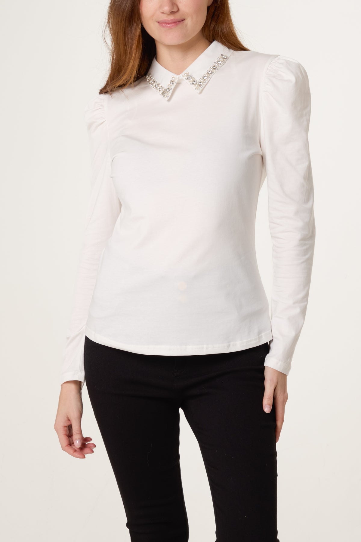 Embellished Collar Padded Shoulder Top