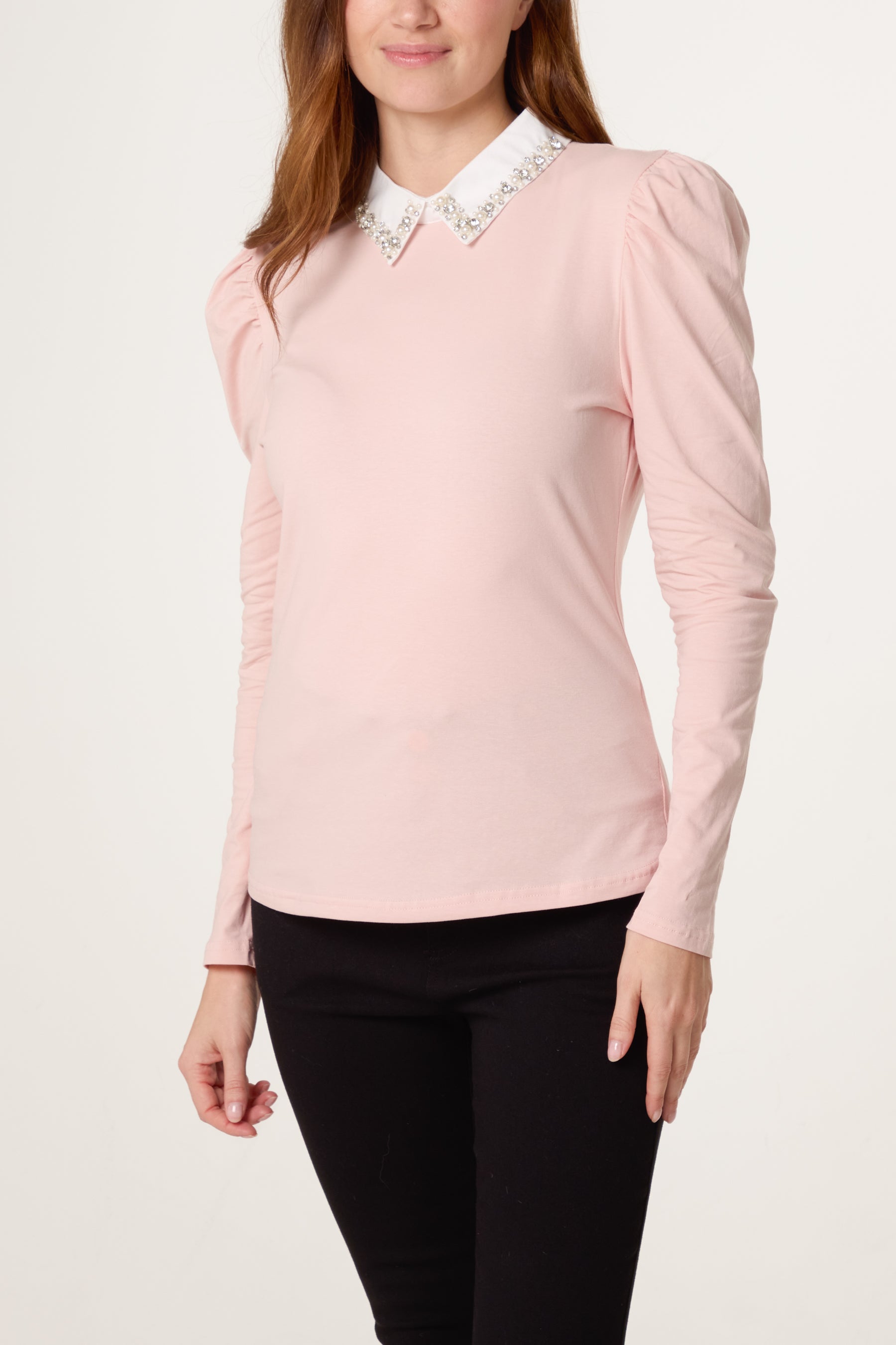 Embellished Collar Padded Shoulder Top