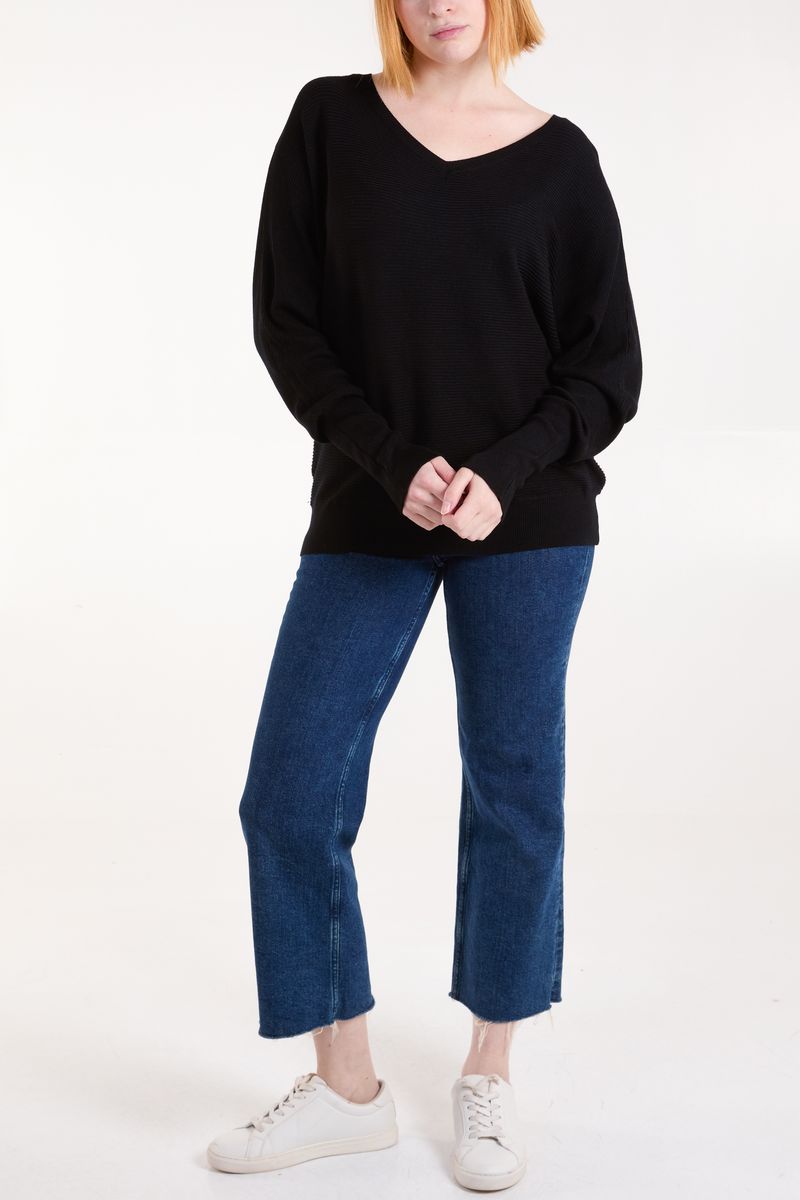 Black Ribbed Knit V-Neck Jumper