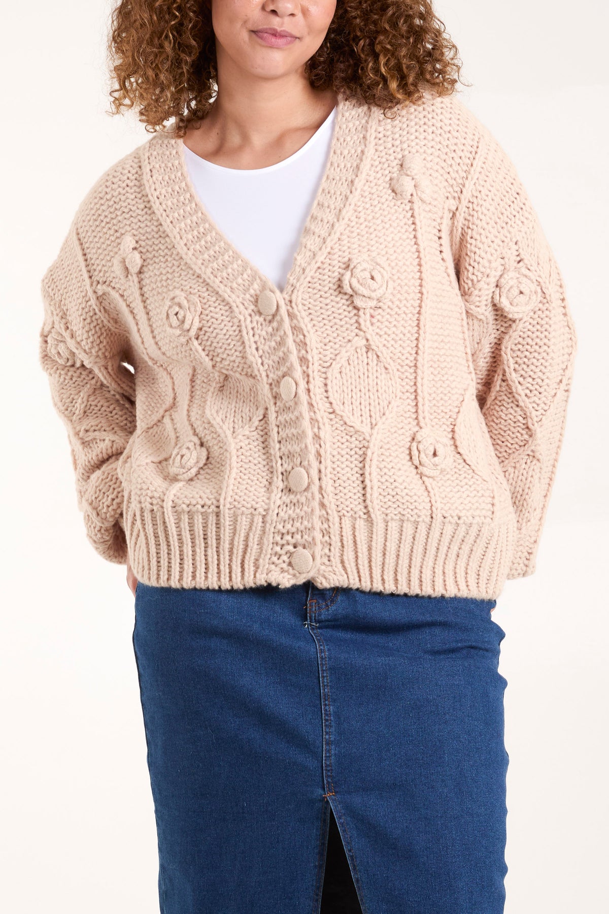 Cable Knit Flower Button Up Cardigan