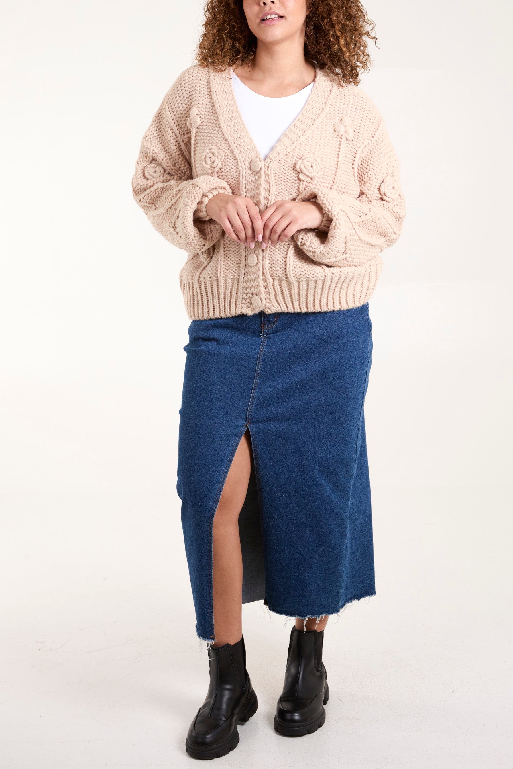 Cable Knit Flower Button Up Cardigan