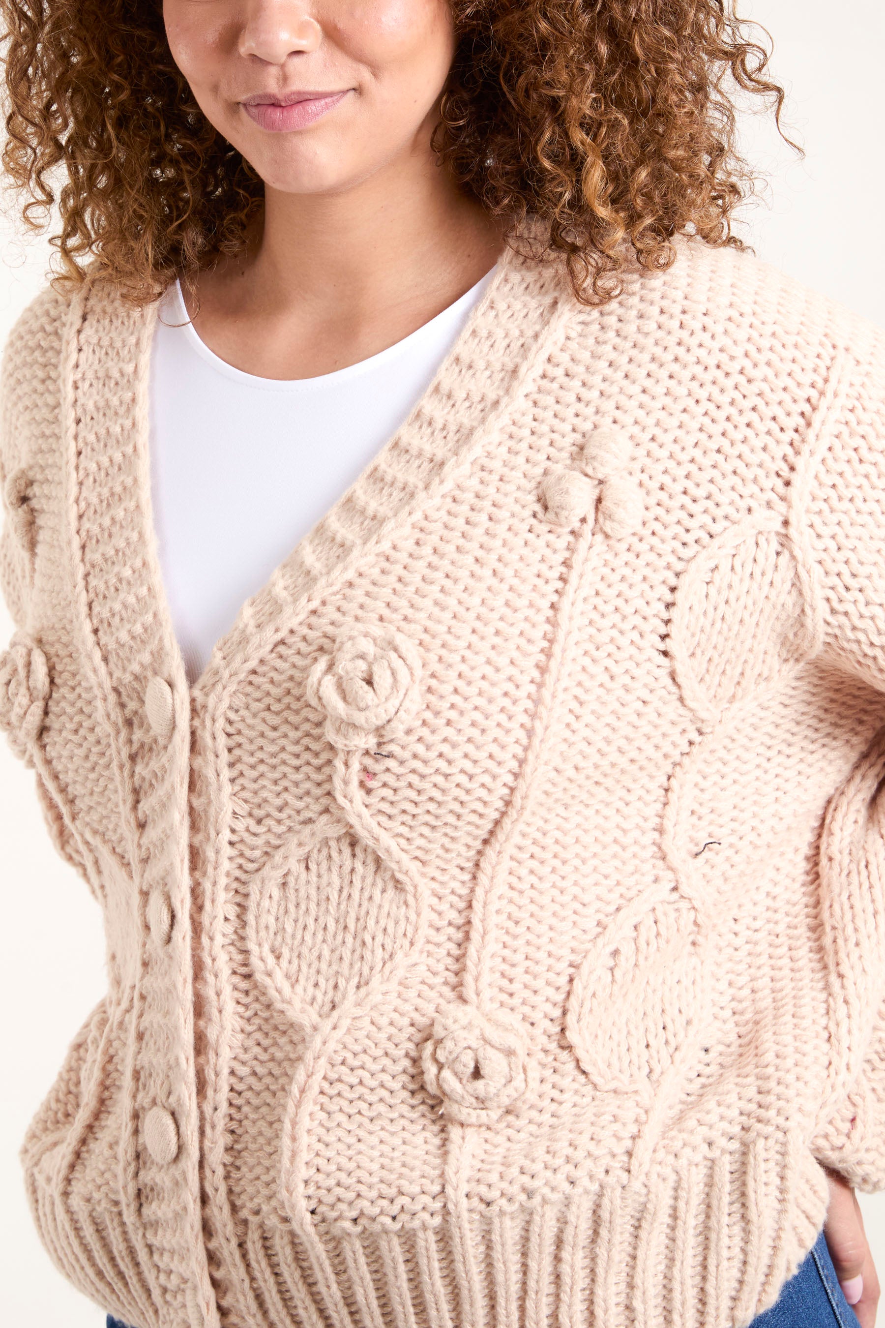 Cable Knit Flower Button Up Cardigan