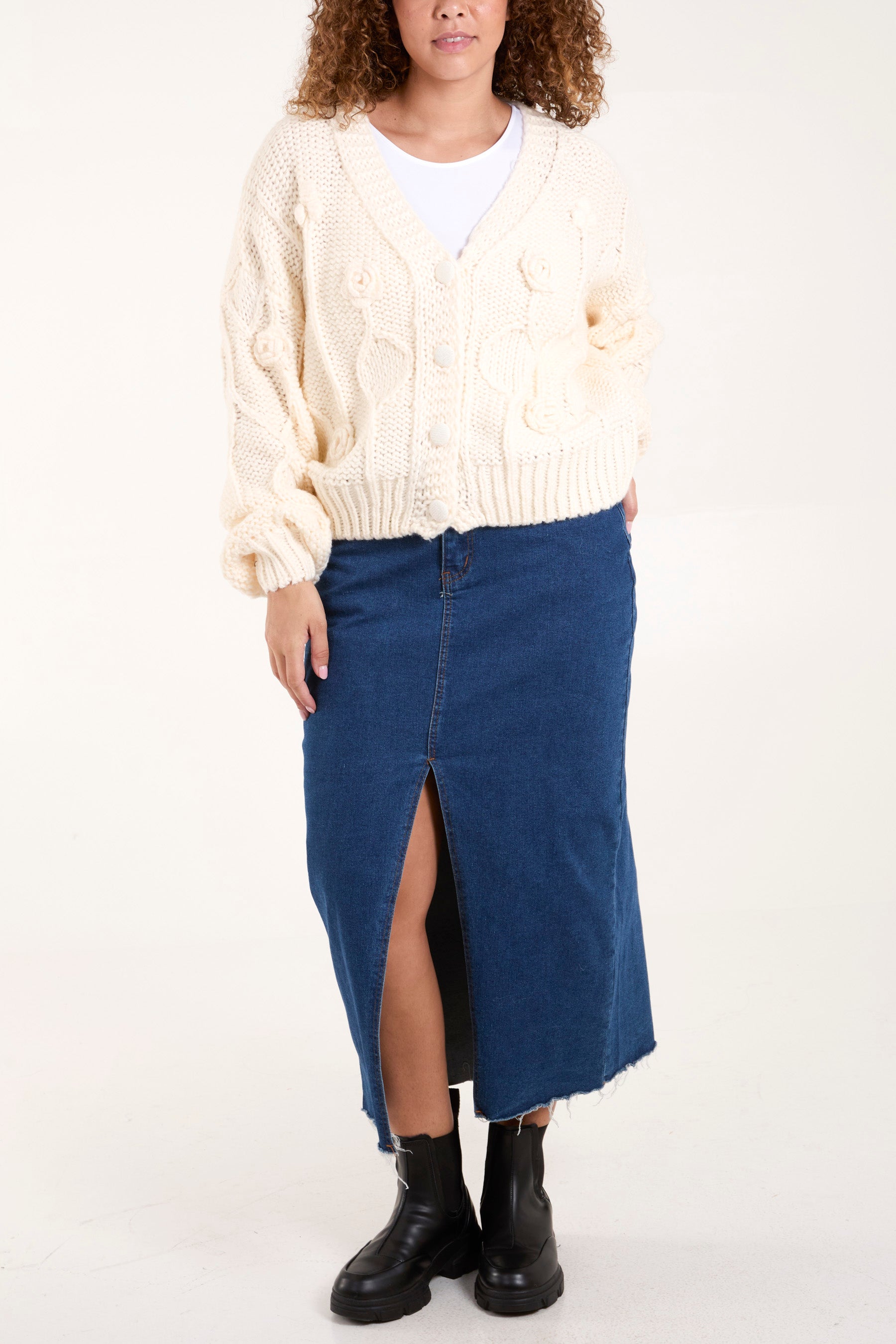 Cable Knit Flower Button Up Cardigan
