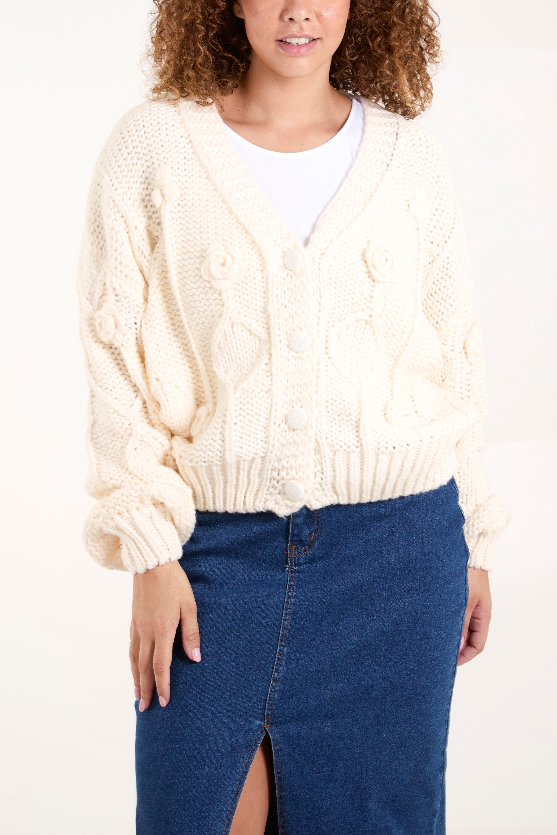 Cable Knit Flower Button Up Cardigan