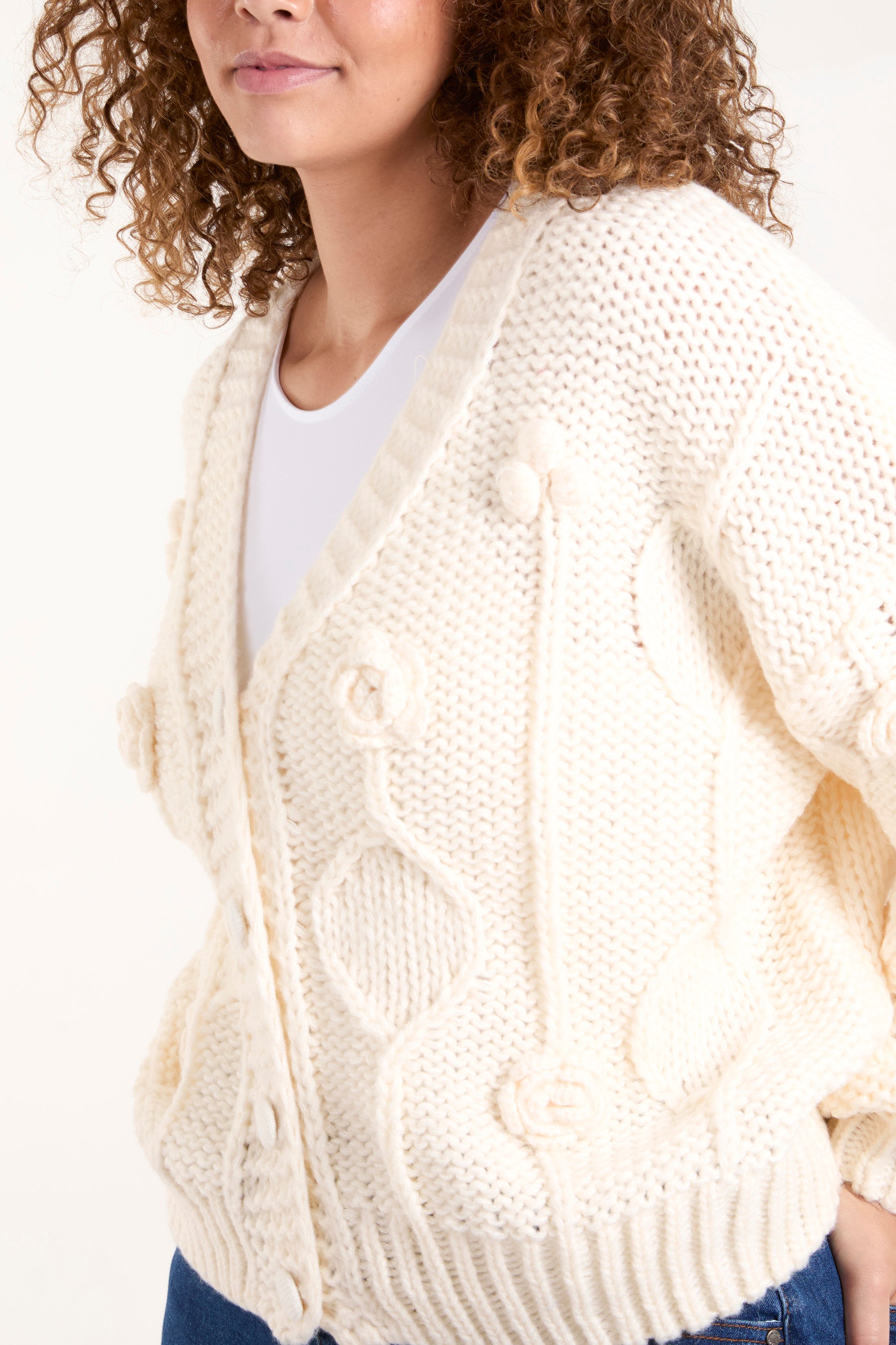 Cable Knit Flower Button Up Cardigan