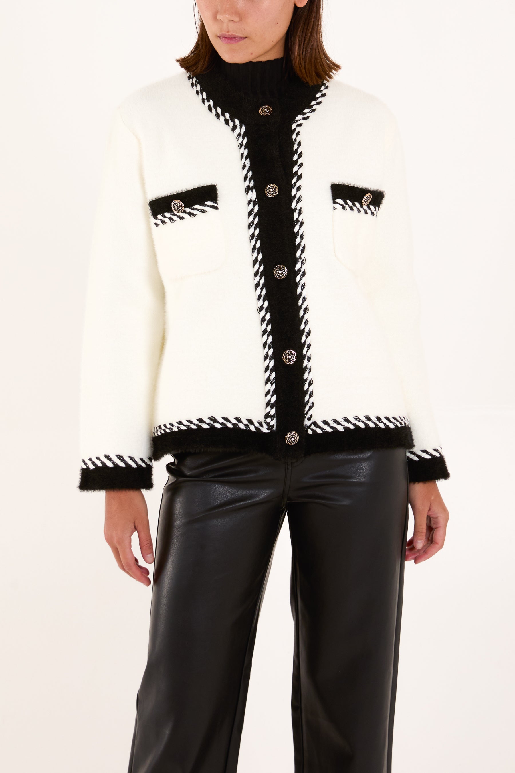 Contrast Rope Trim Knit Cardigan