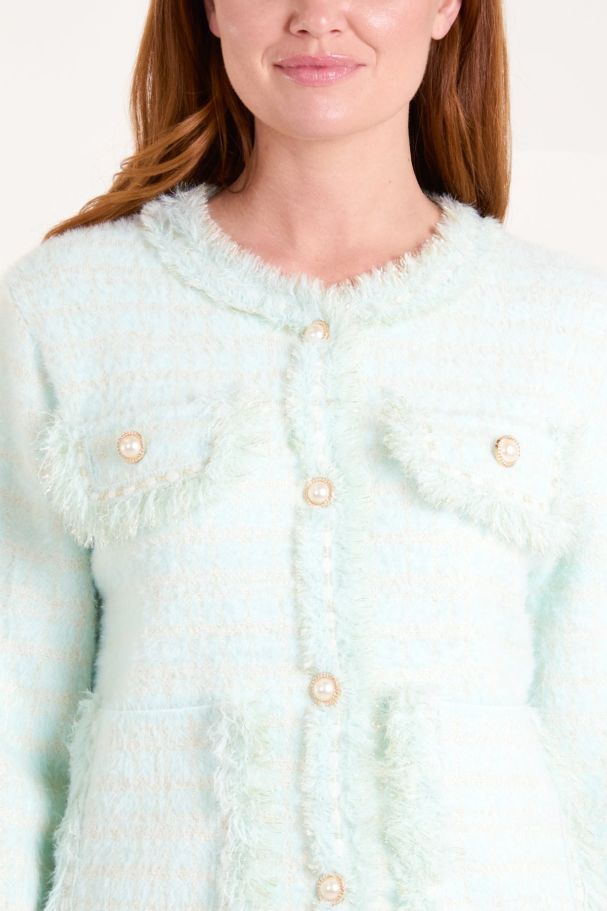 Pearl Button Check Knit Cardigan