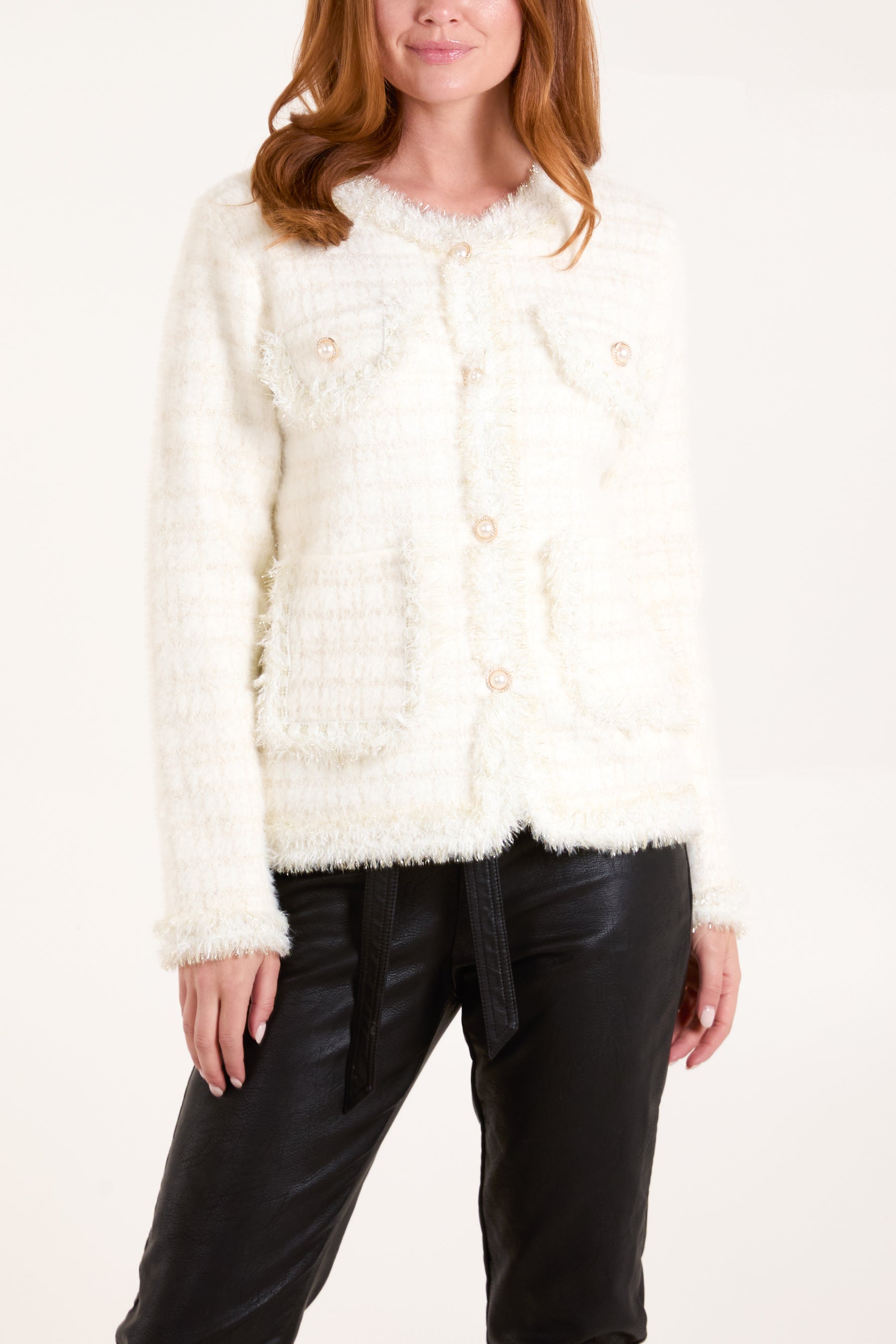 Fluffy Sparkle Knit Pearl Pocket Cardigan