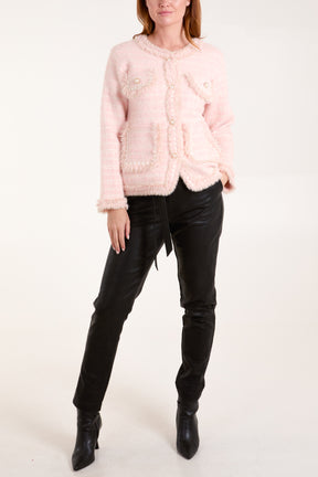 Fluffy Check Knit Pearl Button Cardigan