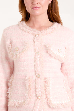 Fluffy Check Knit Pearl Button Cardigan
