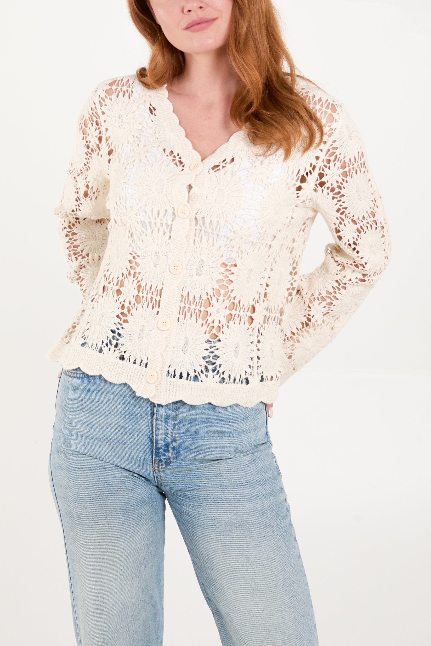 Flower Crochet Scalloped Edge Cardigan