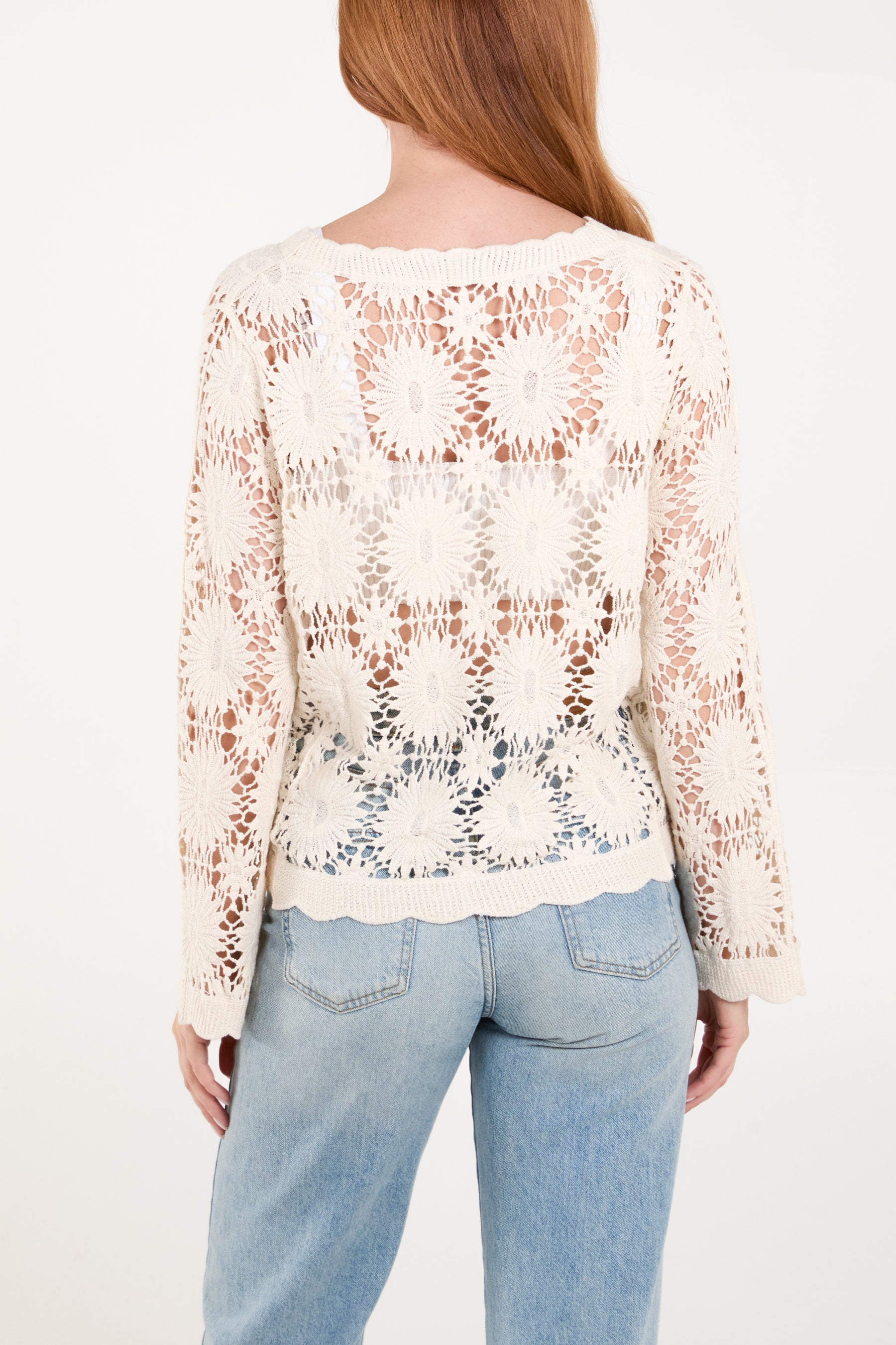 Flower Crochet Scalloped Edge Cardigan