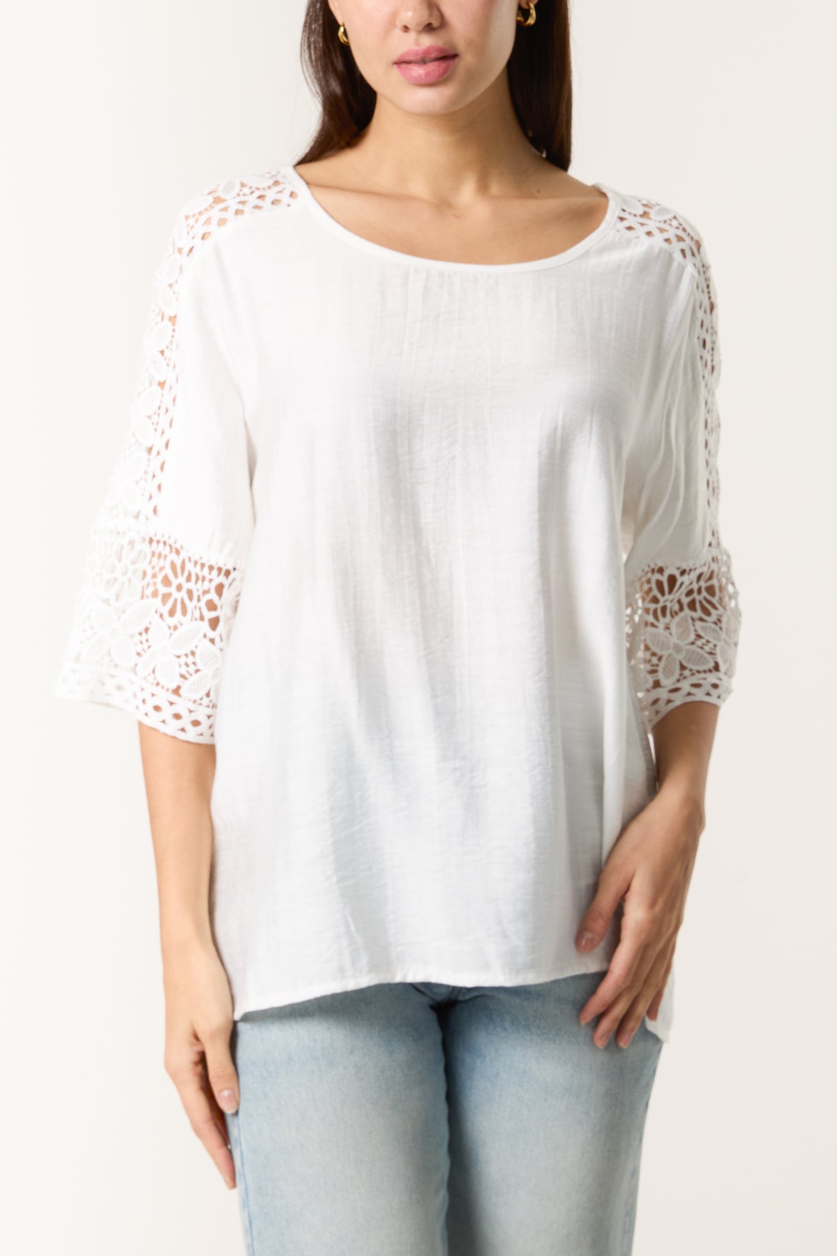 Crochet Sleeve Round Neck Top
