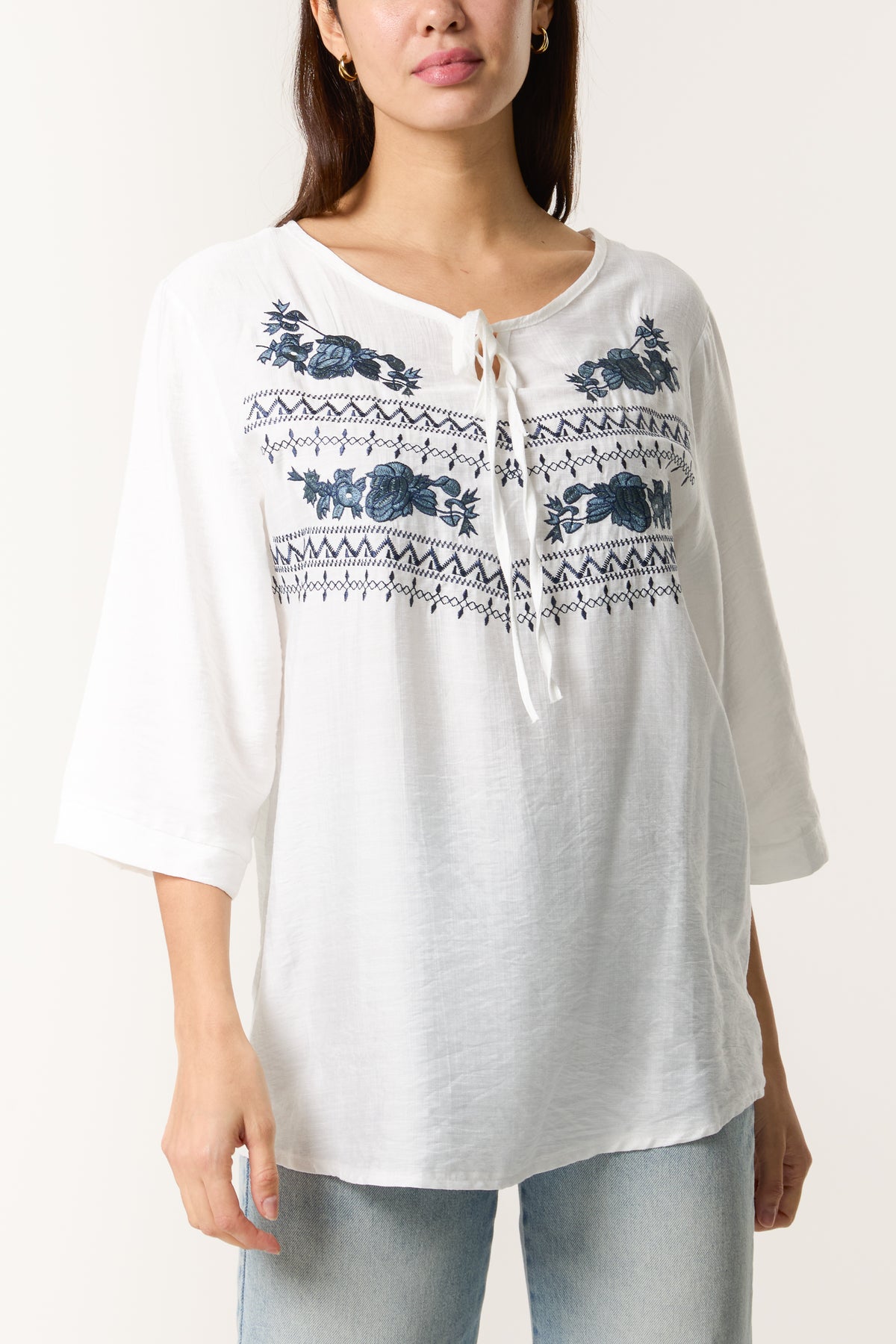 Embroidered Detail Tie-Neck Top