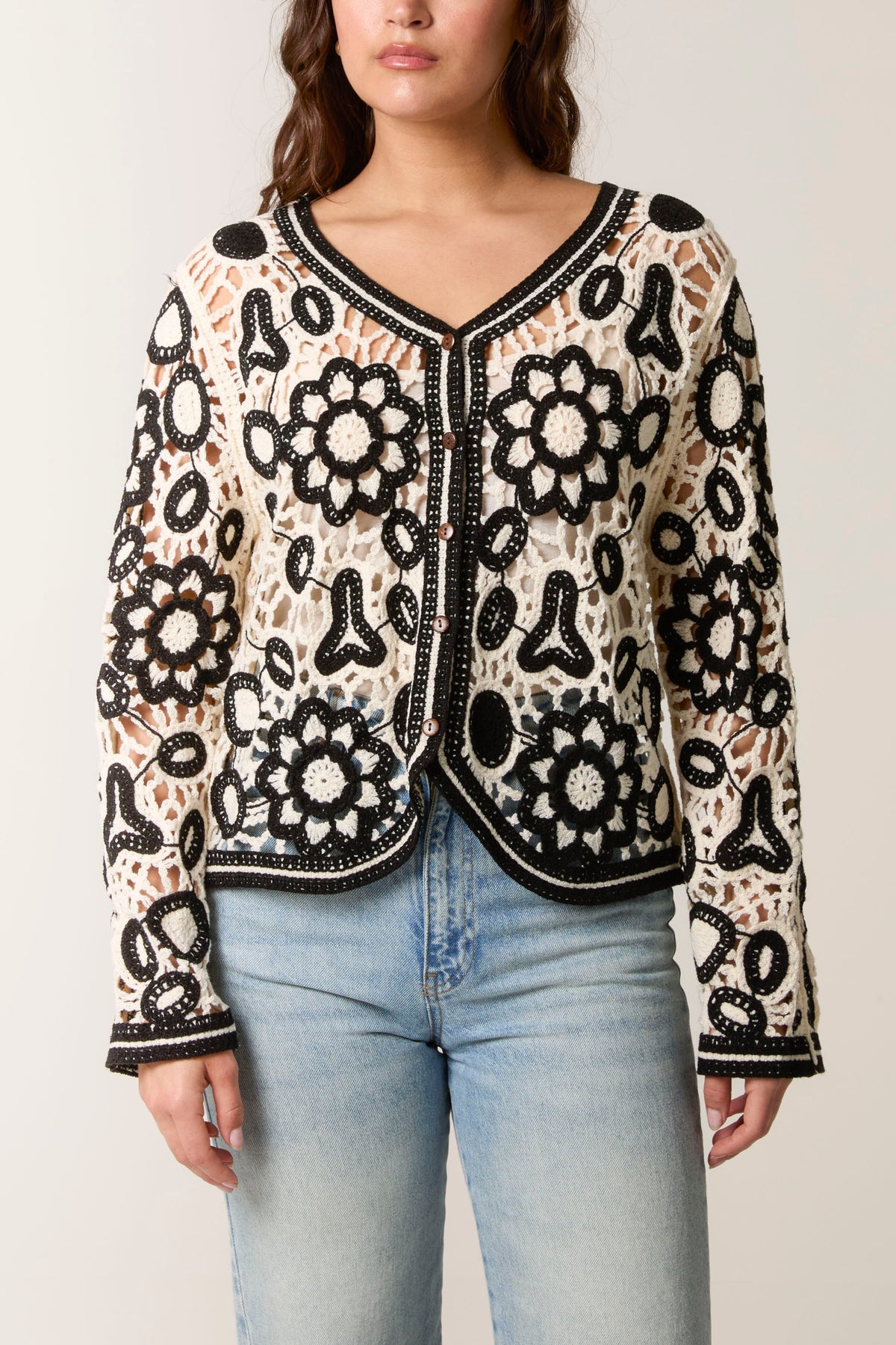 Crochet Floral Button-Up Cardigan