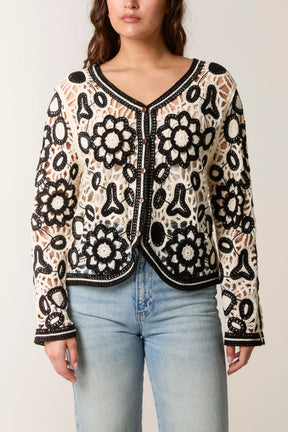Crochet Floral Button-Up Cardigan