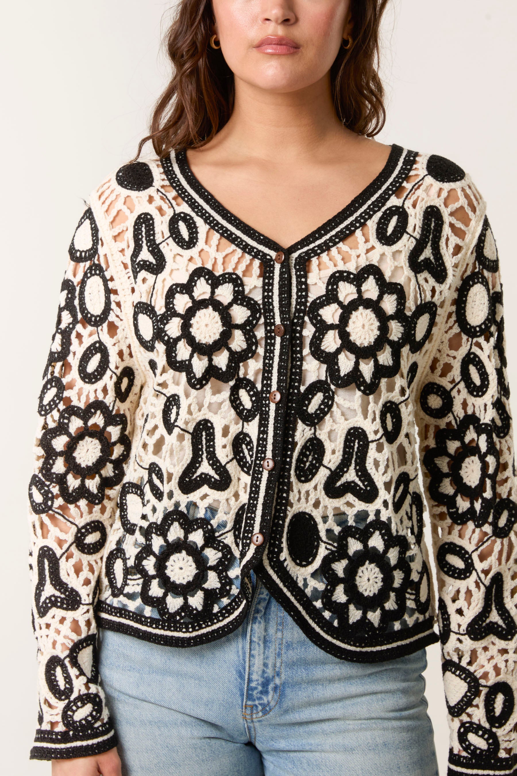 Crochet Floral Button-Up Cardigan