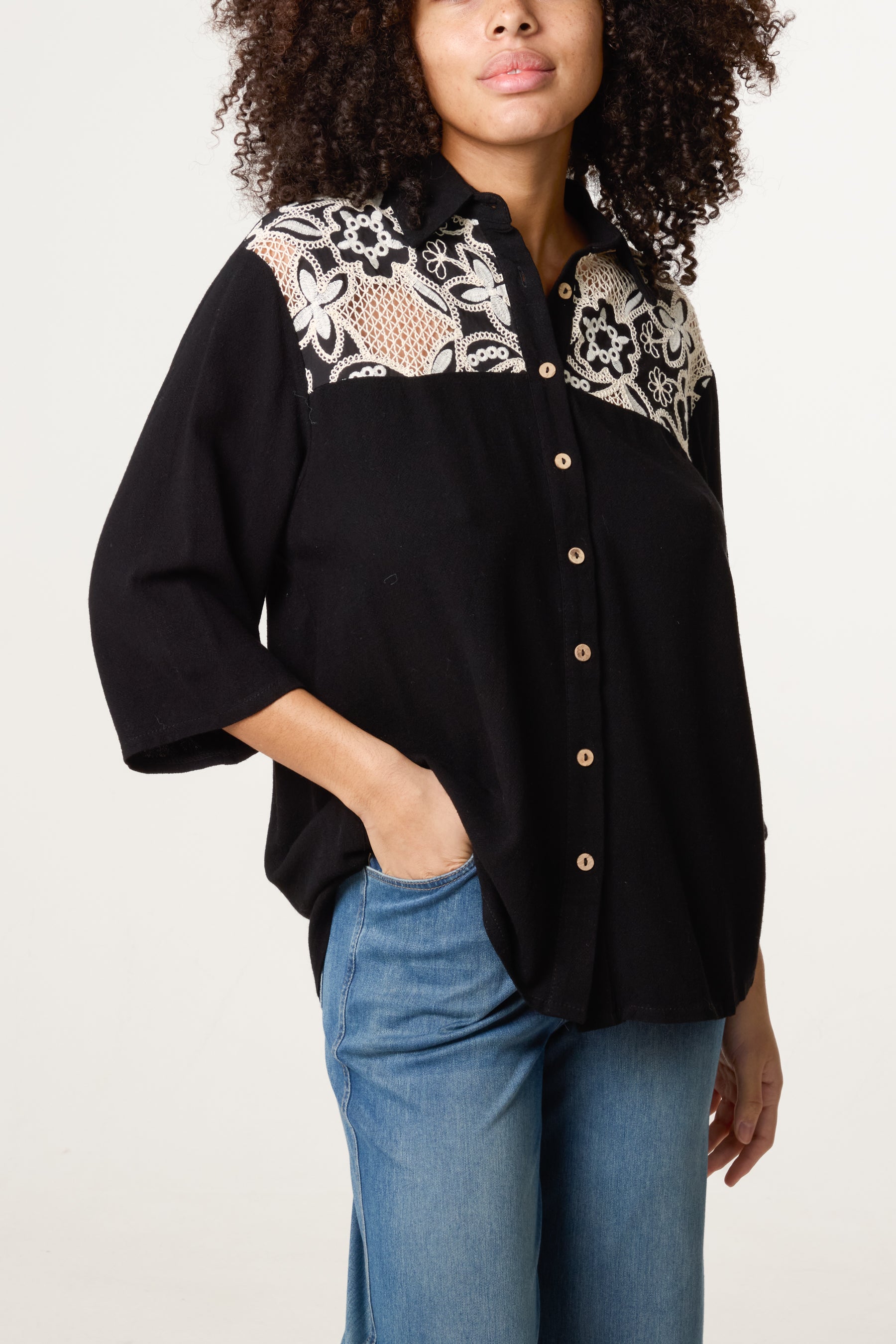 Floral Crochet Linen Loose Fit Shirt