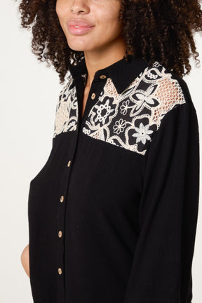 Floral Crochet Linen Loose Fit Shirt