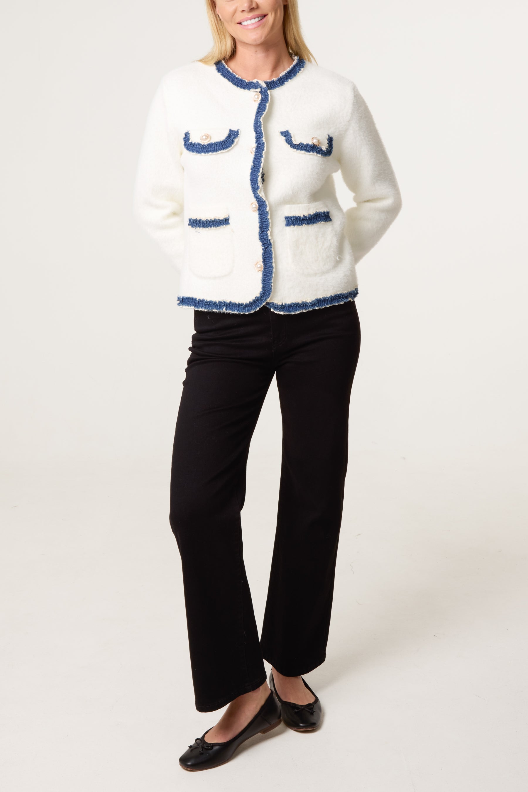 Denim Detail Pearl Button Knit Cardigan