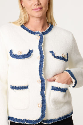 Denim Detail Pearl Button Knit Cardigan