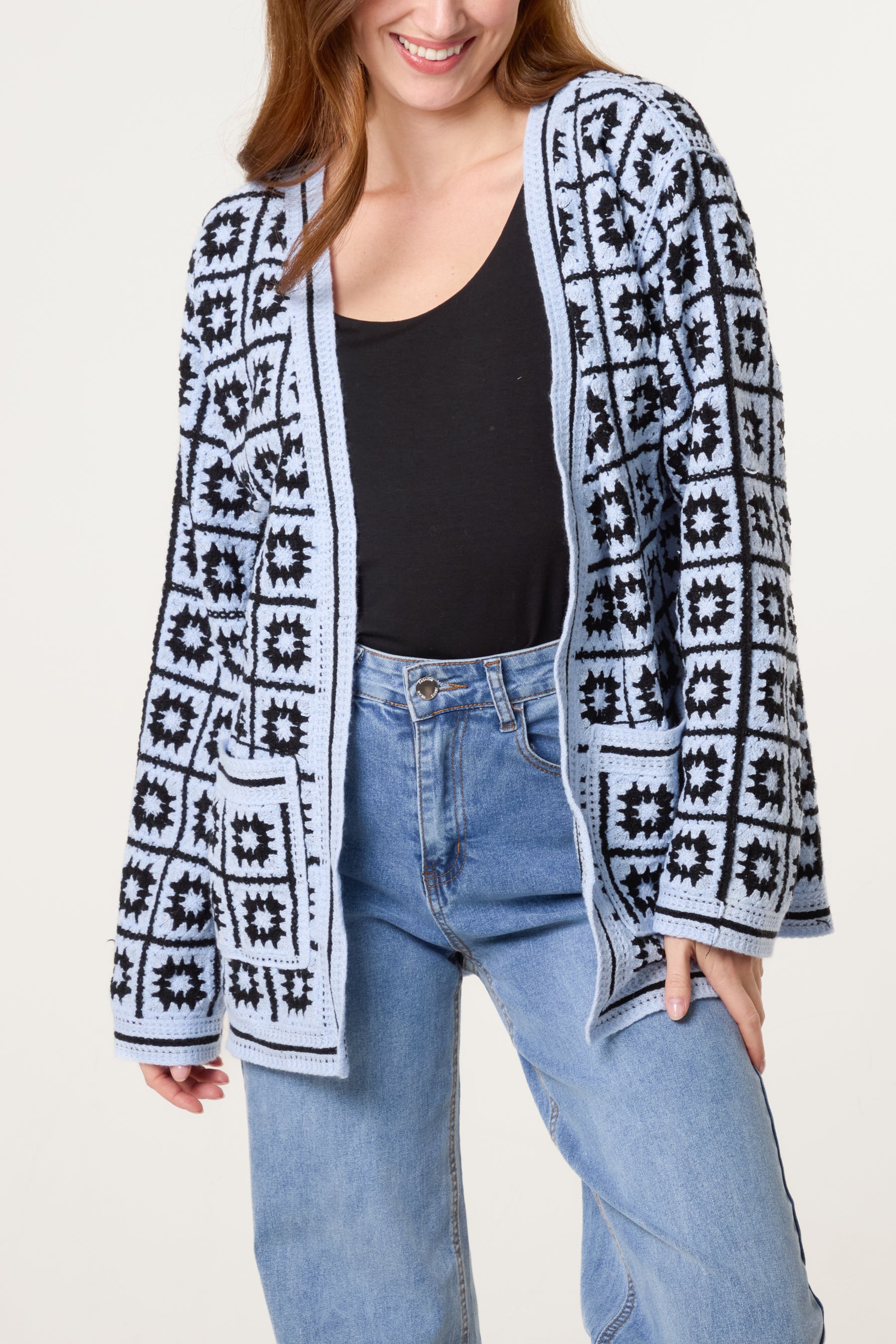 Squares & Floral Crochet Cardigan