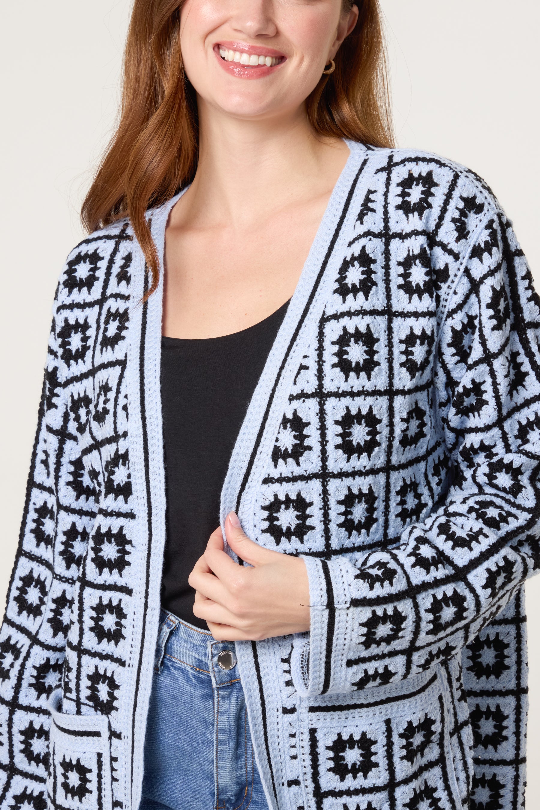 Squares & Floral Crochet Cardigan