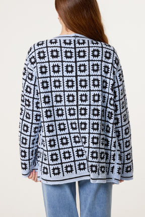 Squares & Floral Crochet Cardigan