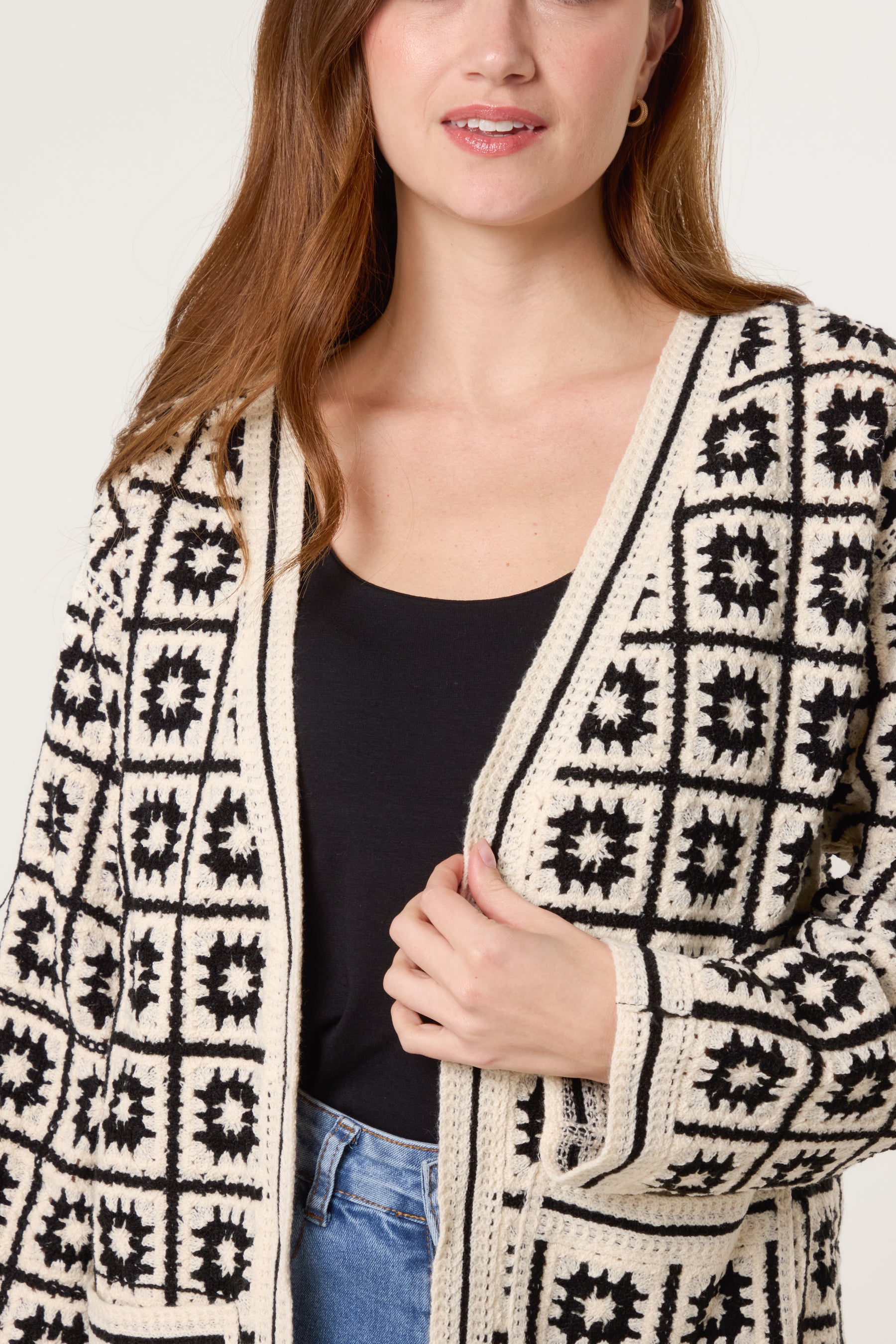 Squares & Floral Crochet Cardigan