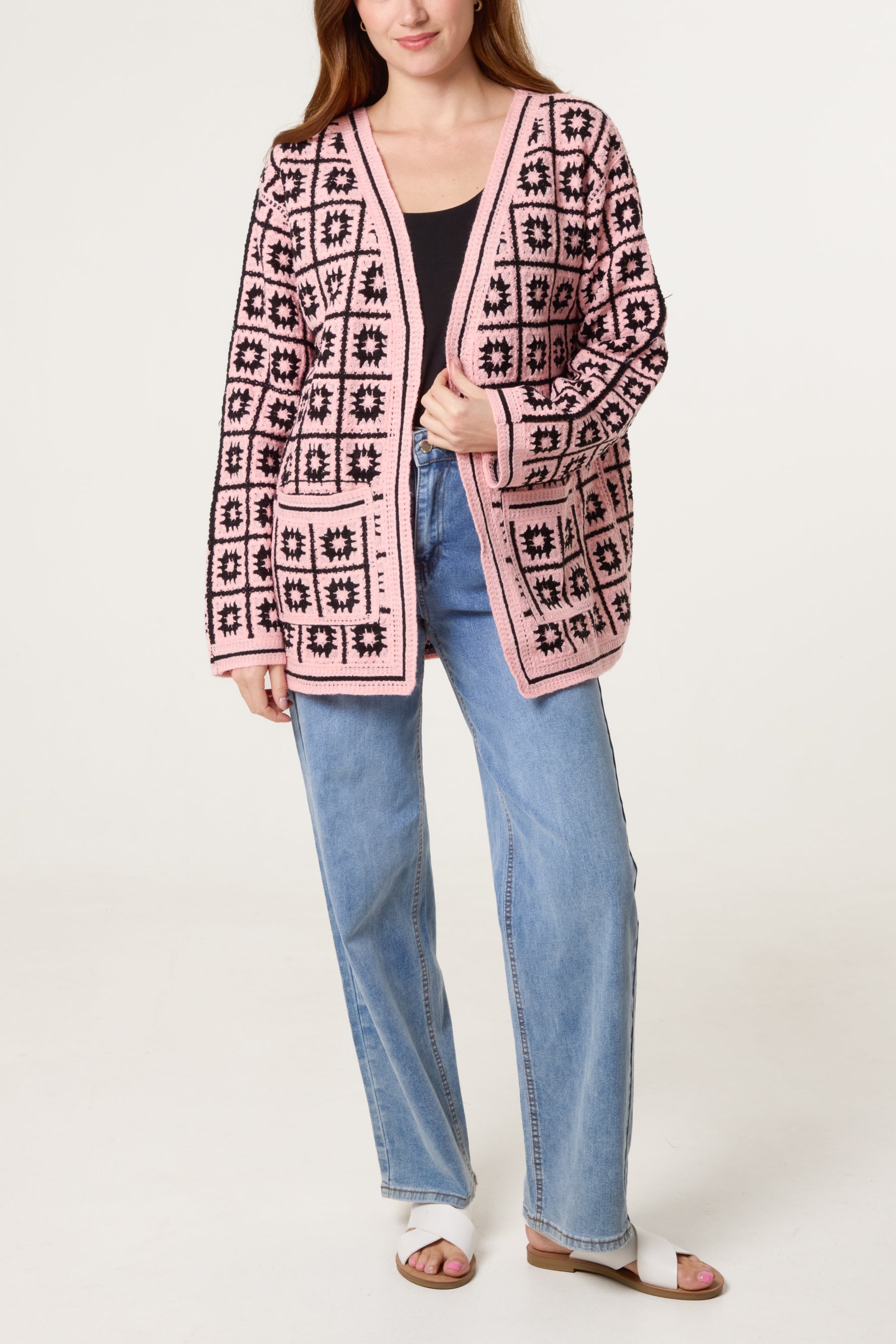 Squares & Floral Crochet Cardigan