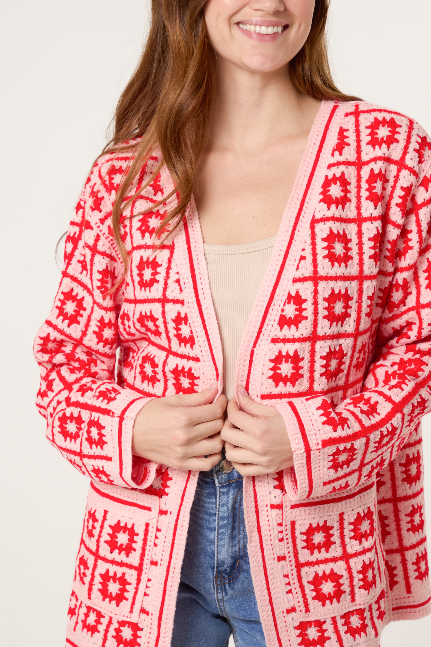 Squares & Floral Crochet Cardigan