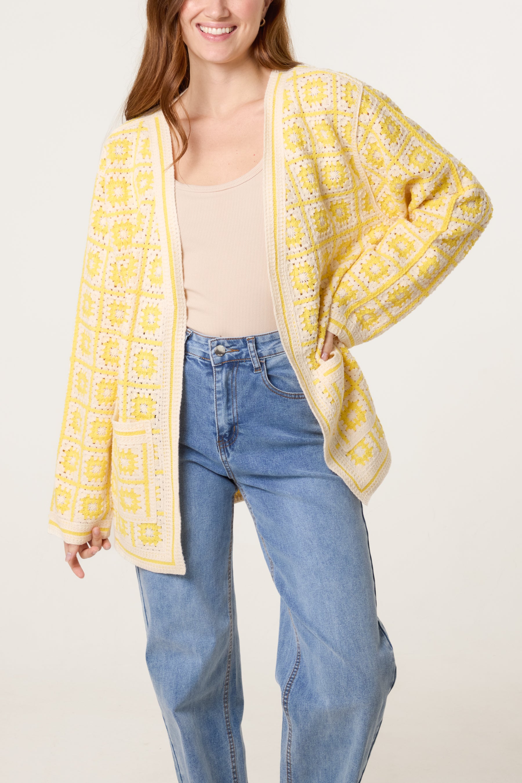 Squares & Floral Crochet Cardigan