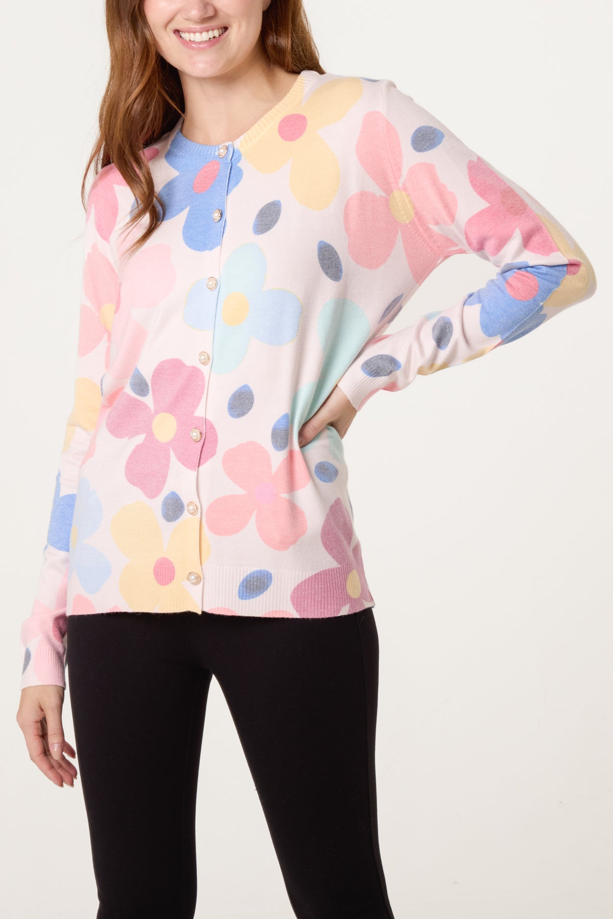 Vibrant Floral & Pearl Button Cardigan