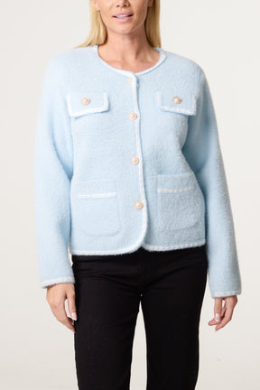 Pearl Button Fluffy Knit Contrast Cardigan