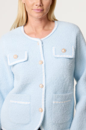 Pearl Button Fluffy Knit Contrast Cardigan
