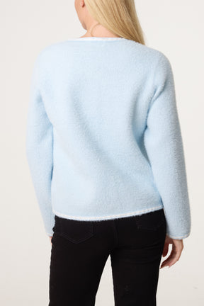 Pearl Button Fluffy Knit Contrast Cardigan