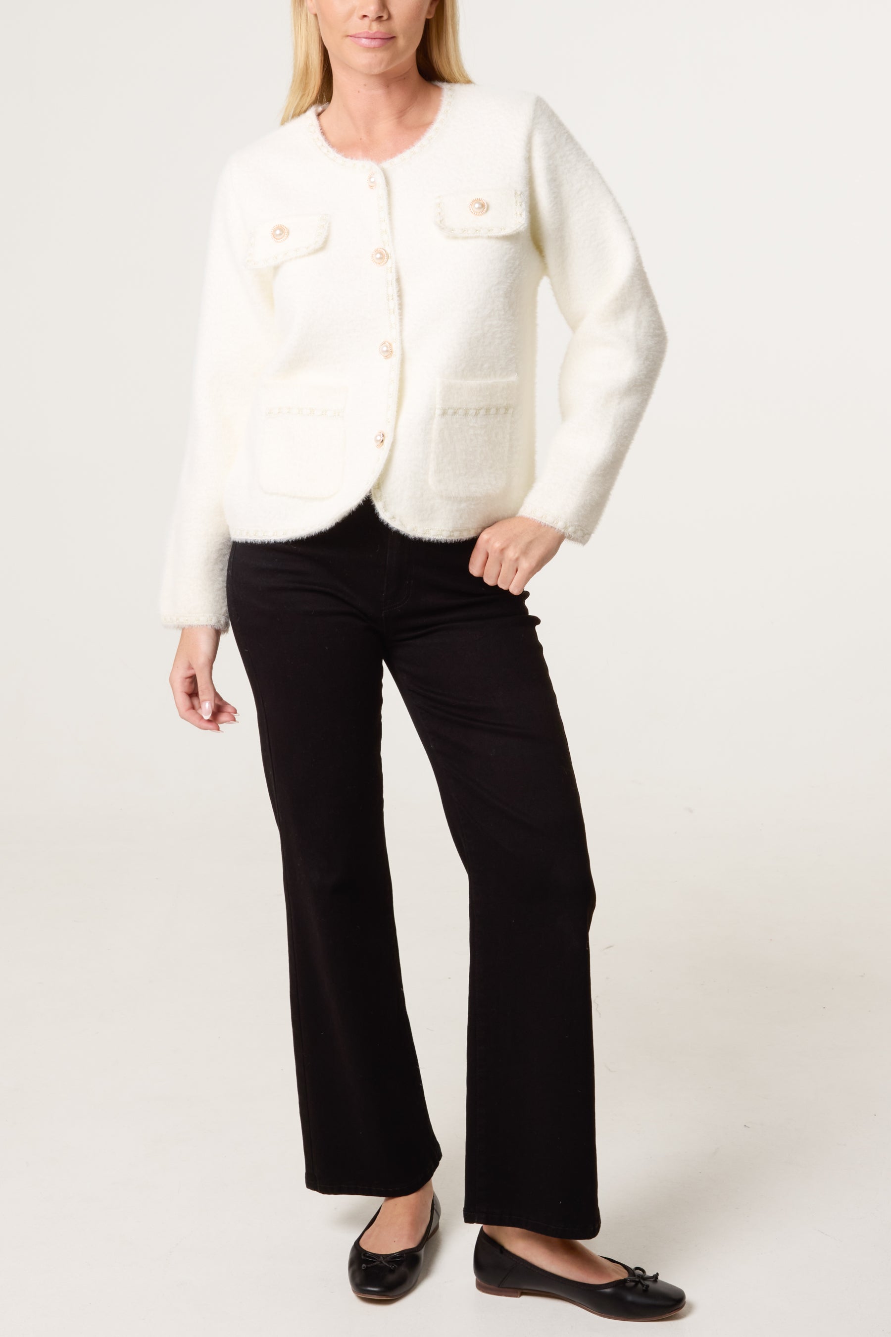 Pearl Button Fluffy Knit Contrast Cardigan