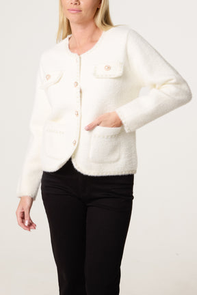 Pearl Button Fluffy Knit Contrast Cardigan