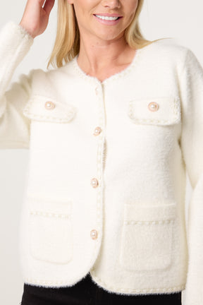 Pearl Button Fluffy Knit Contrast Cardigan