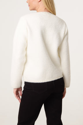 Pearl Button Fluffy Knit Contrast Cardigan