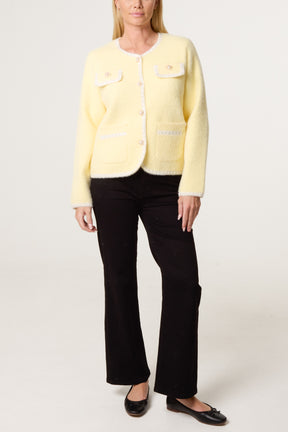 Pearl Button Fluffy Knit Contrast Cardigan