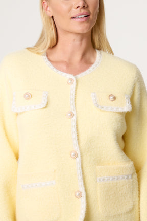 Pearl Button Fluffy Knit Contrast Cardigan