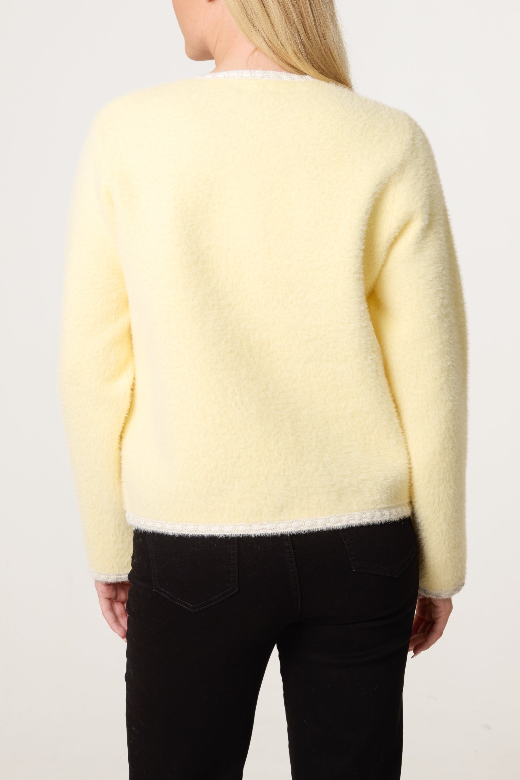 Pearl Button Fluffy Knit Contrast Cardigan
