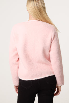 Pearl Button Fluffy Knit Contrast Cardigan