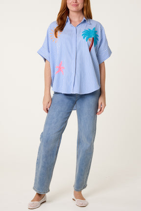 Beach Theme Embroidery Front and Back Striped Shirt